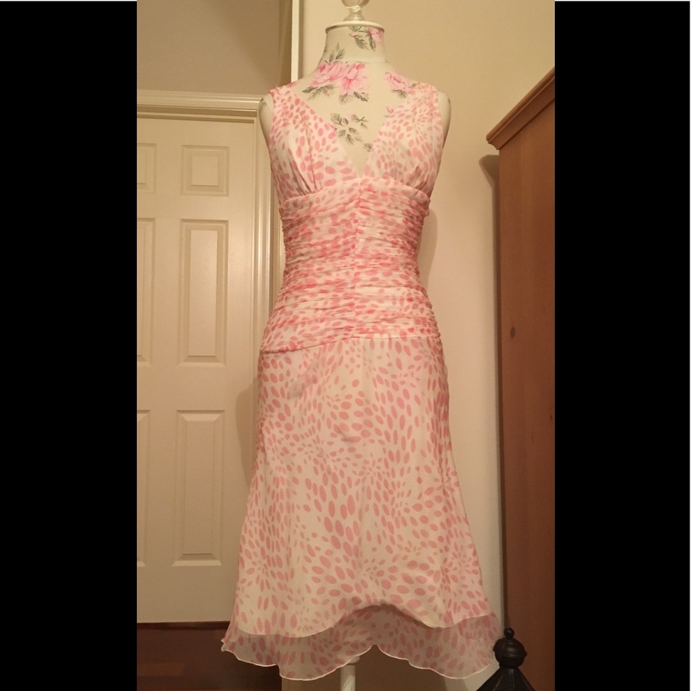 White with pink print chiffon dress, deep neckline